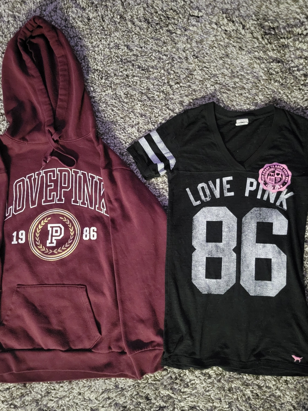 PINK Victoria's Secret Maroon Hoodie XS- Love Pink Tee SM